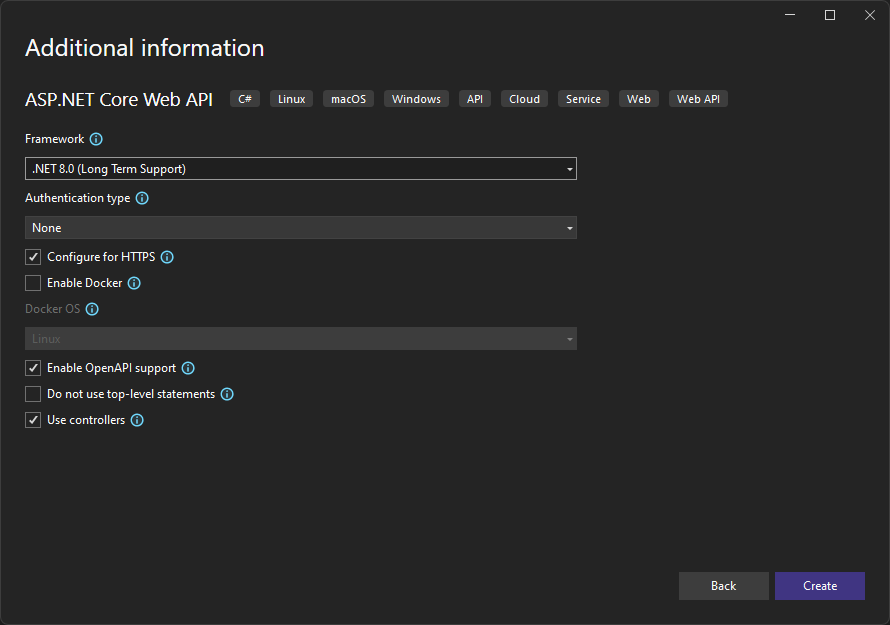 asp net core api new project